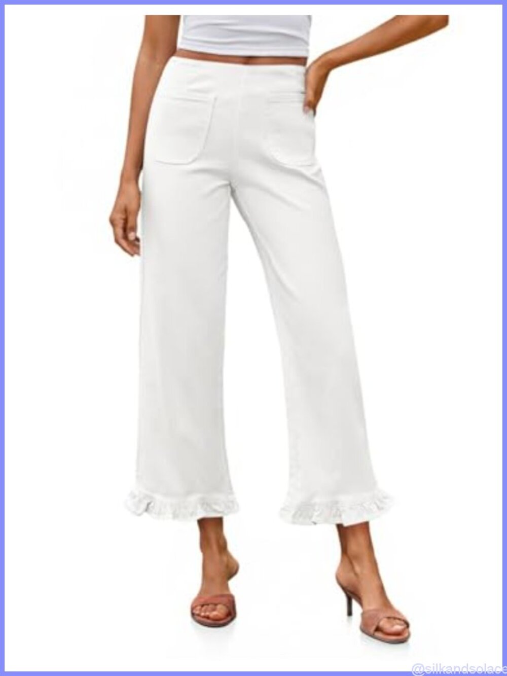 Cropped High Waisted Ruffle Wide Leg Capri Jeans Stretch Denim